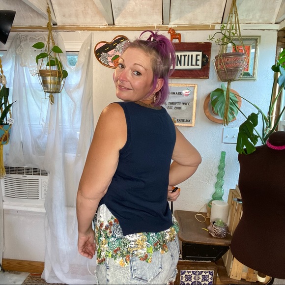 Anthropologie MOTH Navy Blue Sleeveless sweater attached MultiColor Lace Small - Picture 11 of 17